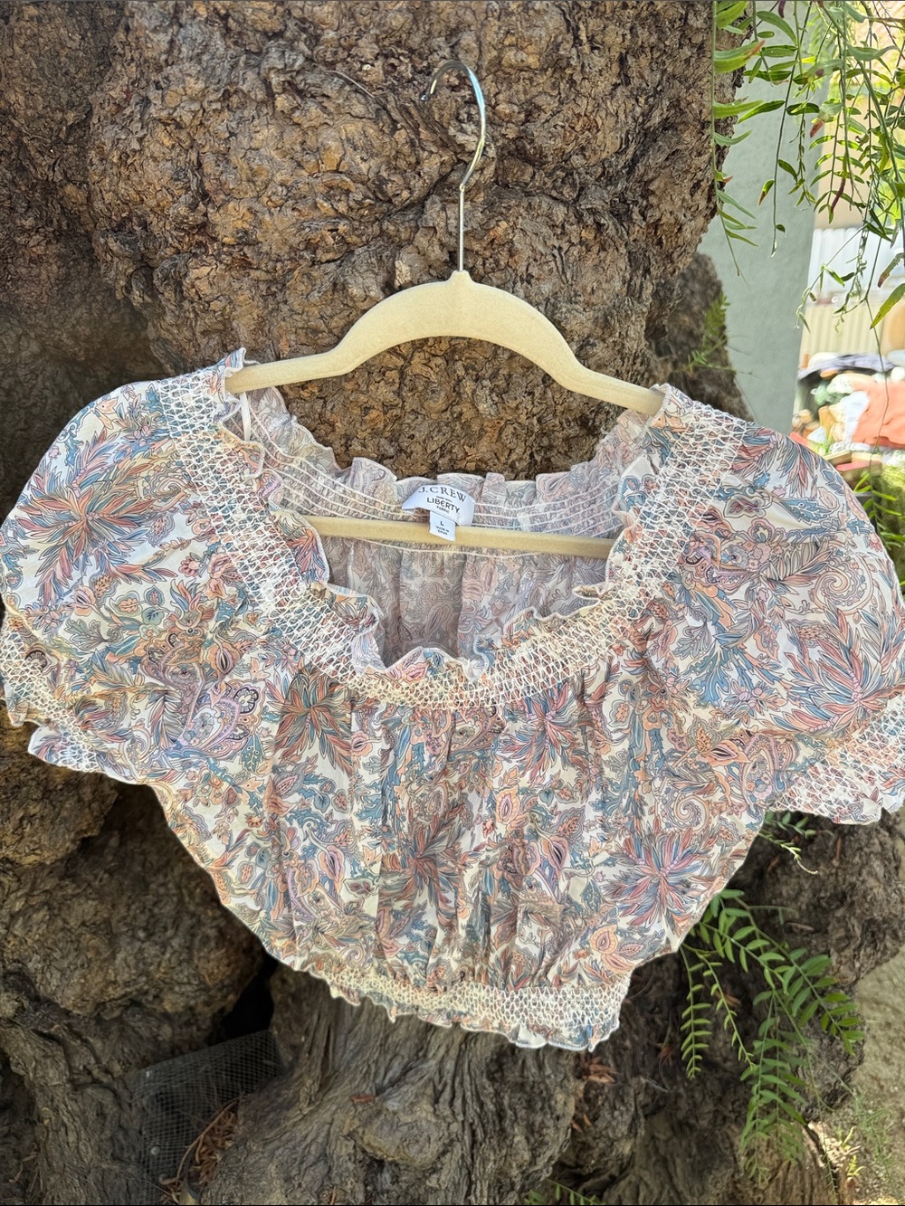 J. Crew Paisley Smocked Off-Shoulder Crop Top in Soft Blue and Pink